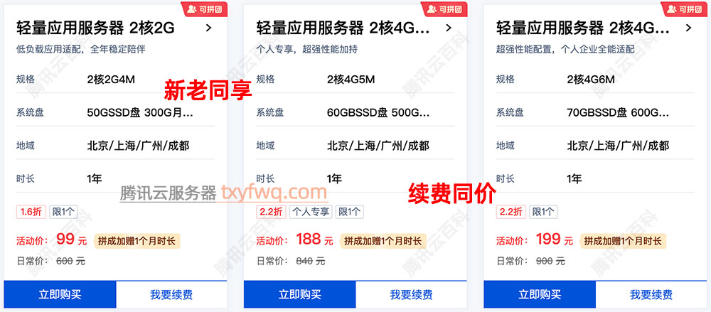 腾讯云服务器新老同享，续费同价